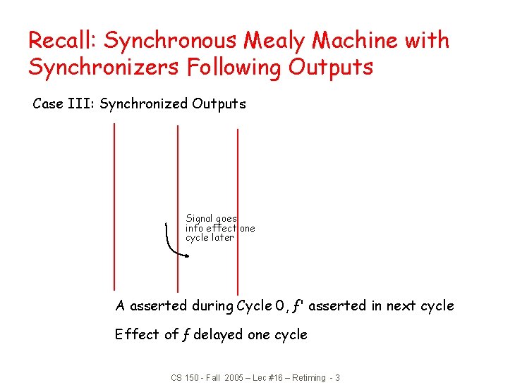Recall: Synchronous Mealy Machine with Synchronizers Following Outputs Case III: Synchronized Outputs Signal goes Recall: Synchronous Mealy Machine with Synchronizers Following Outputs Case III: Synchronized Outputs Signal goes