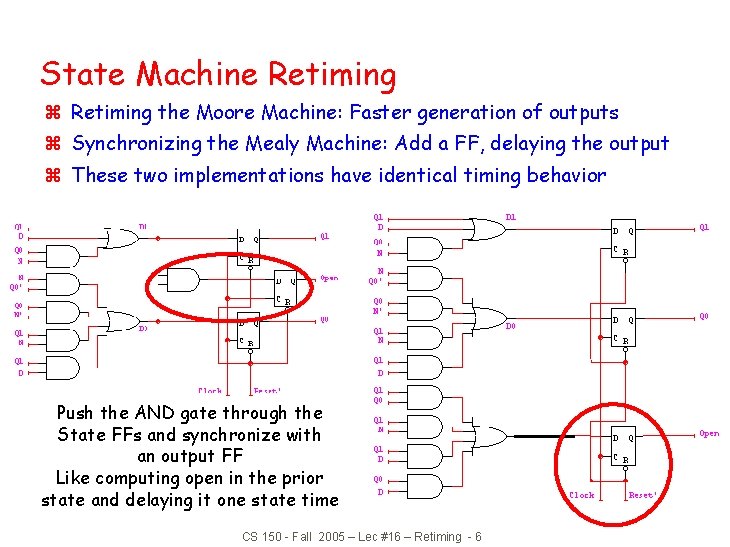 State Machine Retiming z Retiming the Moore Machine: Faster generation of outputs z Synchronizing State Machine Retiming z Retiming the Moore Machine: Faster generation of outputs z Synchronizing