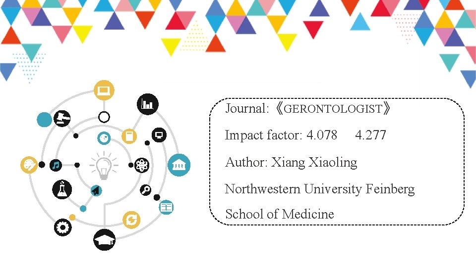 Journal: 《GERONTOLOGIST》 Impact factor: 4. 078 4. 277 Author: Xiang Xiaoling Northwestern University Feinberg