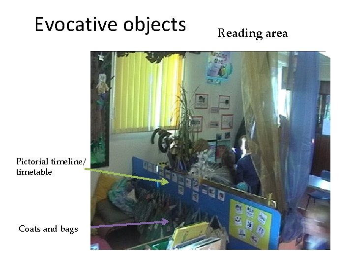 Evocative objects Pictorial timeline/ timetable Coats and bags Reading area 