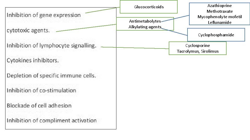 Glucocorticoids Antimetabolytes Alkylating agents Azathioprine Methotraxate Mycophenolyte mofetil Leflunamide Cyclophosphamide Cyclosporine Tacrolymus, Sirolimus 