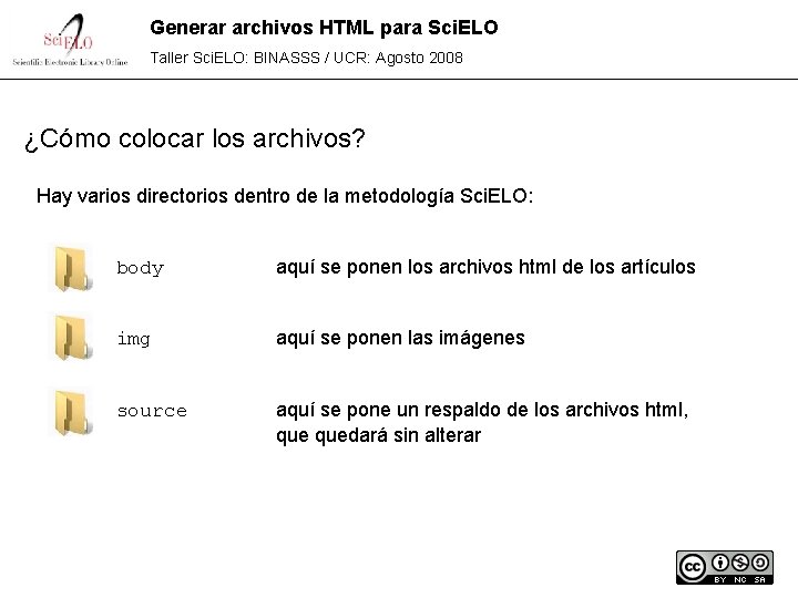 Generar archivos HTML para Sci. ELO Taller Sci. ELO: BINASSS / UCR: Agosto 2008