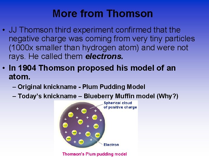 More from Thomson • JJ Thomson third experiment confirmed that the negative charge was