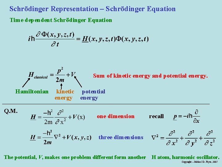 Schrödinger Representation – Schrödinger Equation Time dependent Schrödinger Equation Sum of kinetic energy and