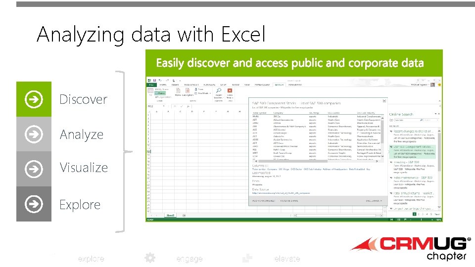 Analyzing data with Excel Discover Analyze Visualize Explore engage elevate 