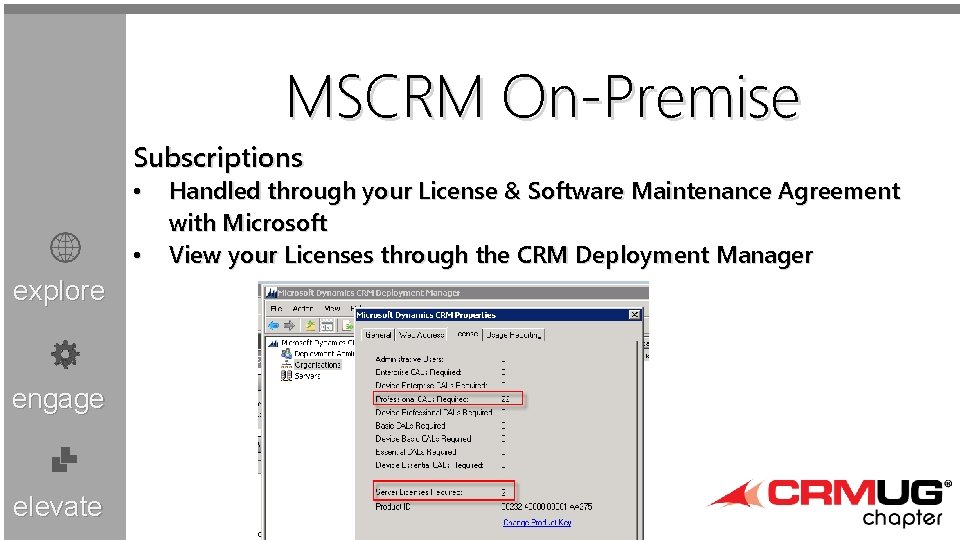 MSCRM On-Premise Subscriptions • • explore engage elevate Handled through your License & Software