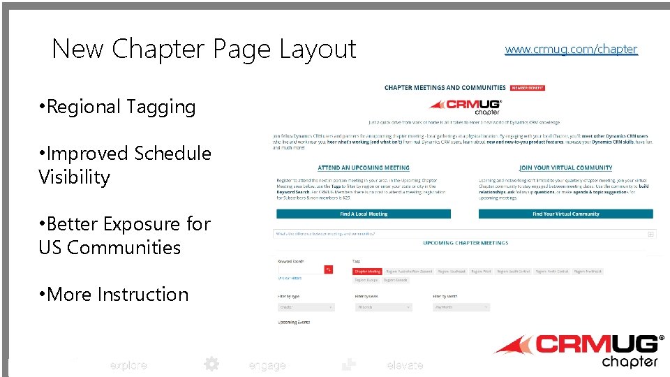 New Chapter Page Layout www. crmug. com/chapter • Regional Tagging • Improved Schedule Visibility