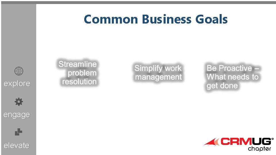 Common Business Goals explore engage elevate Microsoft Dynamics CRM User Group (CRMUG®) Chapter Meeting