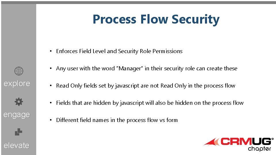 Process Flow Security • Enforces Field Level and Security Role Permissions • Any user