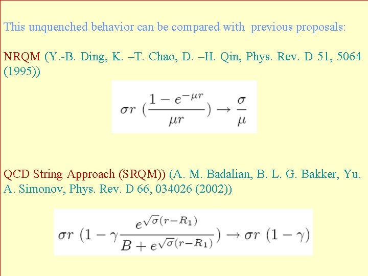 This unquenched behavior can be compared with previous proposals: NRQM (Y. -B. Ding, K.