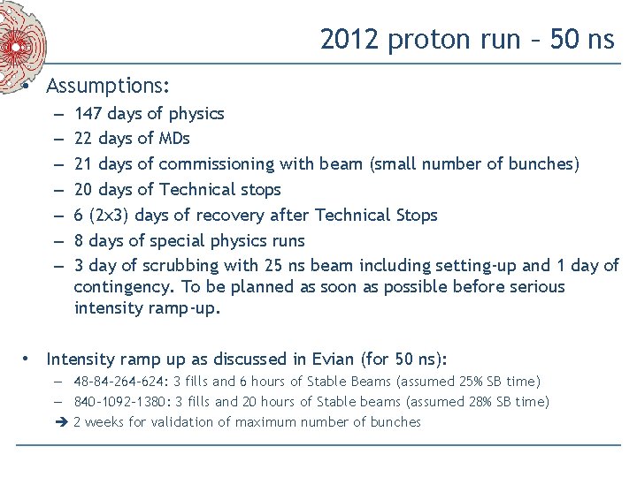 2012 proton run – 50 ns • Assumptions: – – – – 147 days