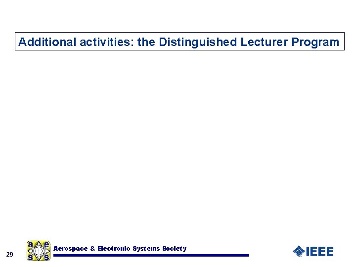 Additional activities: the Distinguished Lecturer Program 29 Aerospace & Electronic Systems Society 
