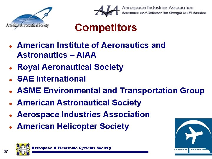 Competitors l l l l 37 American Institute of Aeronautics and Astronautics – AIAA