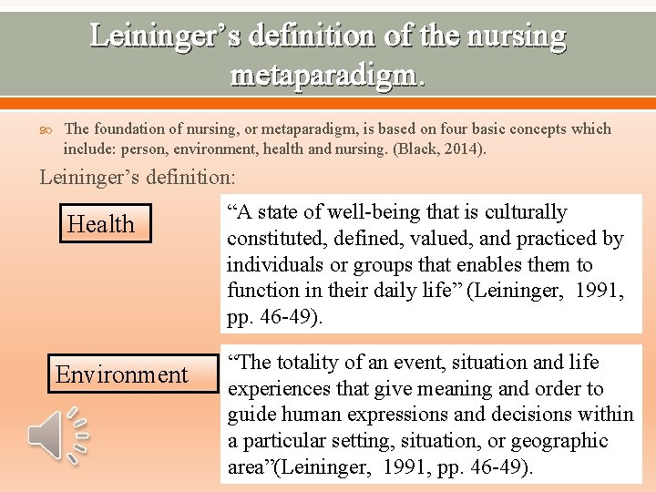 Leininger’s definition of the nursing metaparadigm. The foundation of nursing, or metaparadigm, is based