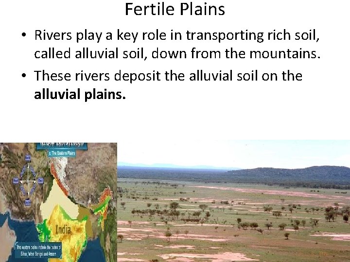 Fertile Plains • Rivers play a key role in transporting rich soil, called alluvial