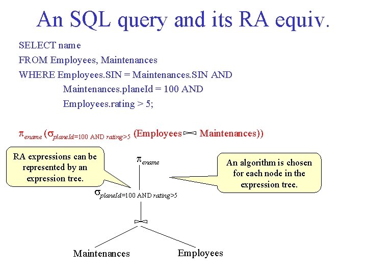 An SQL query and its RA equiv. SELECT name FROM Employees, Maintenances WHERE Employees.
