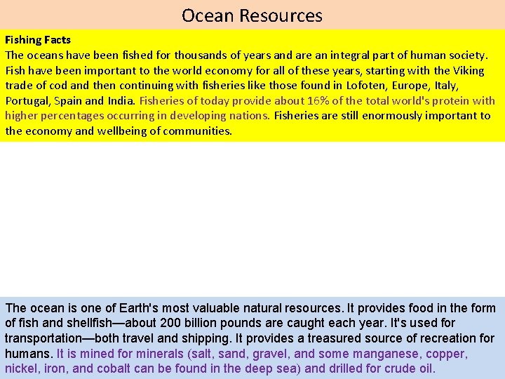 Ocean Resources Fishing Facts The oceans have been fished for thousands of years and