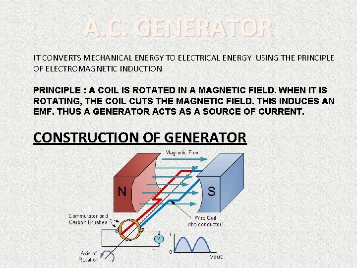 A. C. GENERATOR IT CONVERTS MECHANICAL ENERGY TO ELECTRICAL ENERGY USING THE PRINCIPLE OF