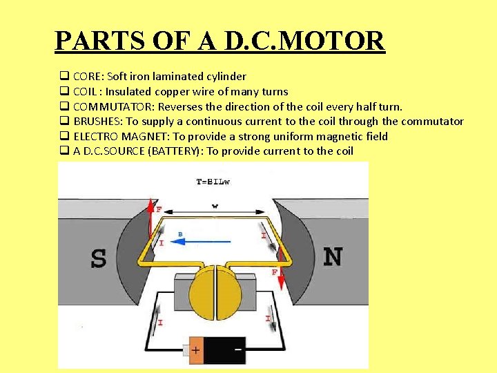 PARTS OF A D. C. MOTOR q CORE: Soft iron laminated cylinder q COIL