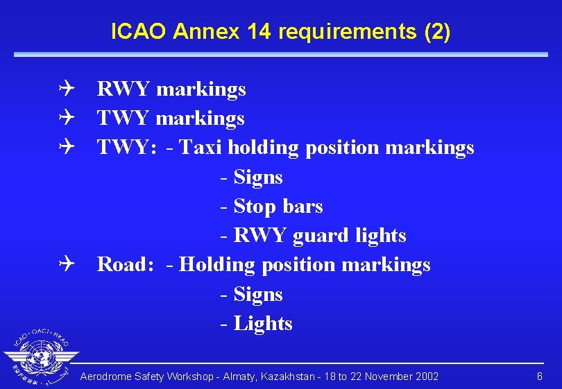 ICAO Annex 14 requirements (2) Q RWY markings Q TWY: - Taxi holding position ICAO Annex 14 requirements (2) Q RWY markings Q TWY: - Taxi holding position