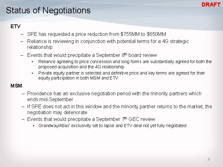 Status of Negotiations DRAFT ETV – SPE has requested a price reduction from $755