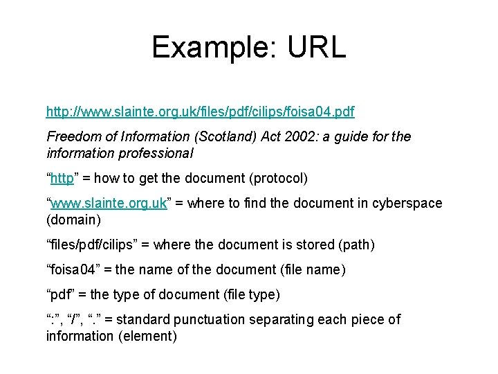 Example: URL http: //www. slainte. org. uk/files/pdf/cilips/foisa 04. pdf Freedom of Information (Scotland) Act