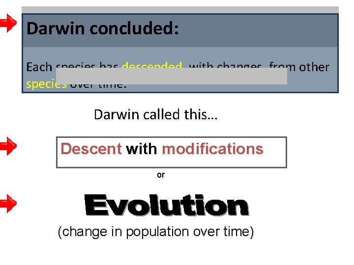 Darwin concluded: Each species has descended, with changes, from other species over time. Darwin