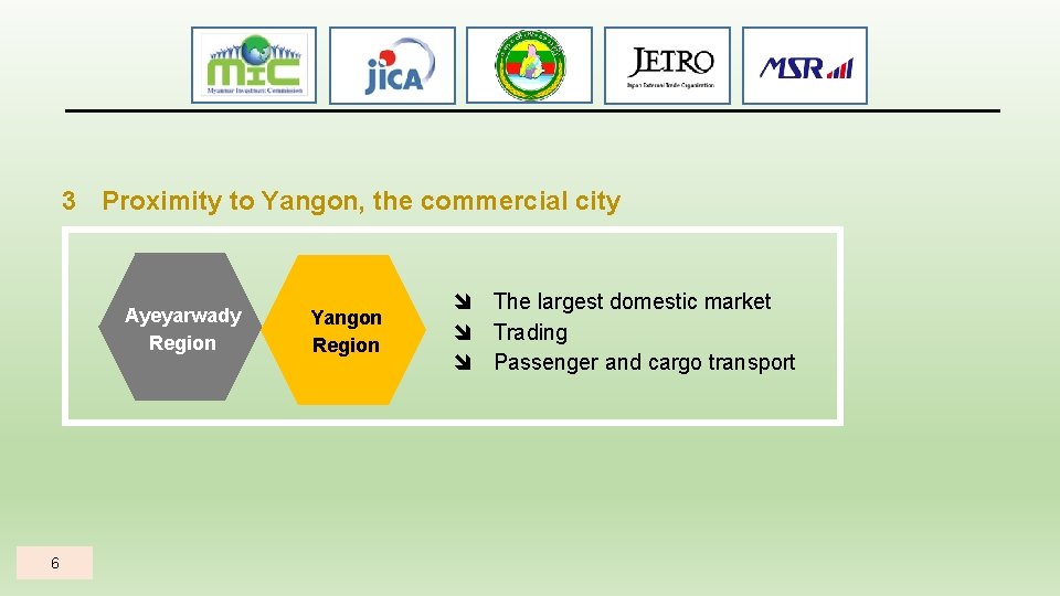 3 Proximity to Yangon, the commercial city Ayeyarwady Region 6 Yangon Region The largest