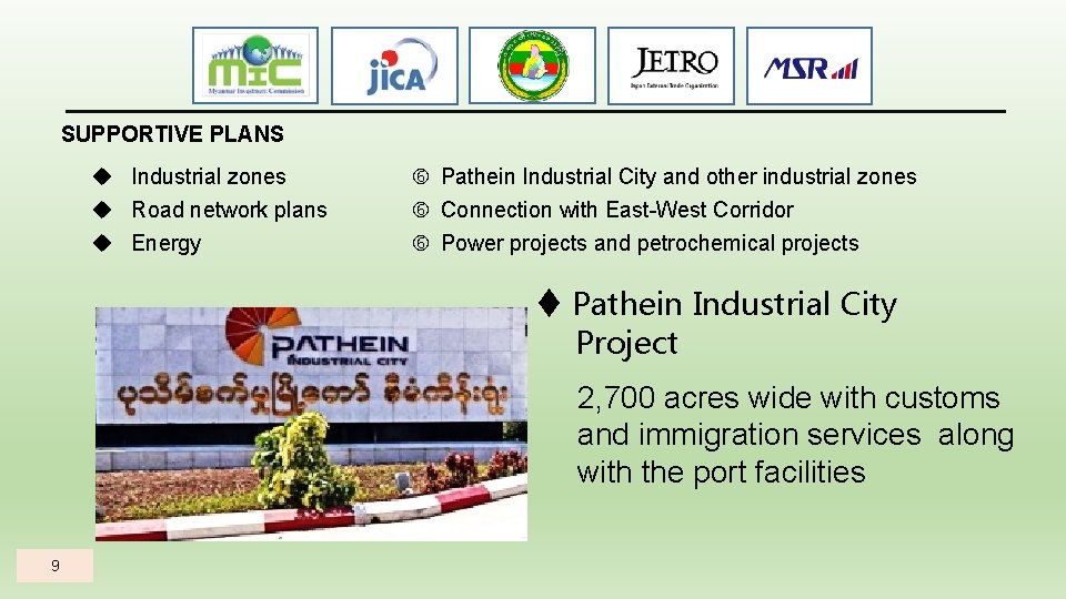 SUPPORTIVE PLANS Industrial zones Road network plans Energy Pathein Industrial City and other industrial