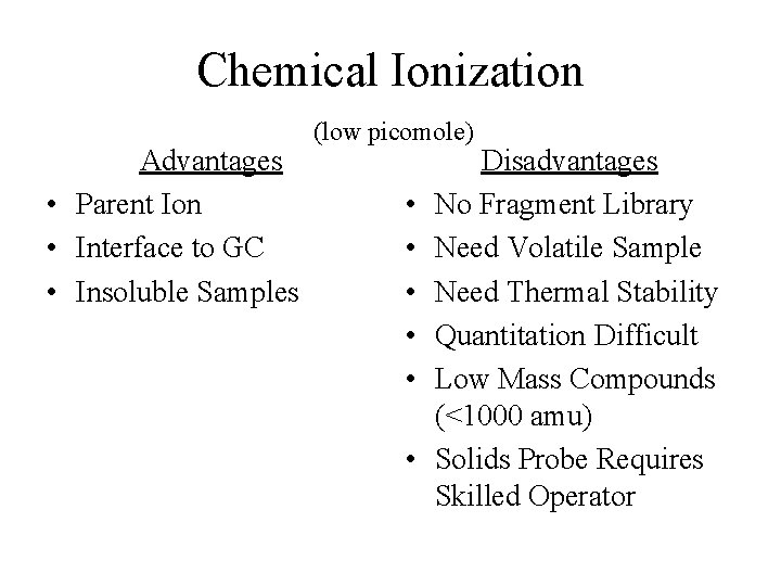 Chemical Ionization Advantages • Parent Ion • Interface to GC • Insoluble Samples (low