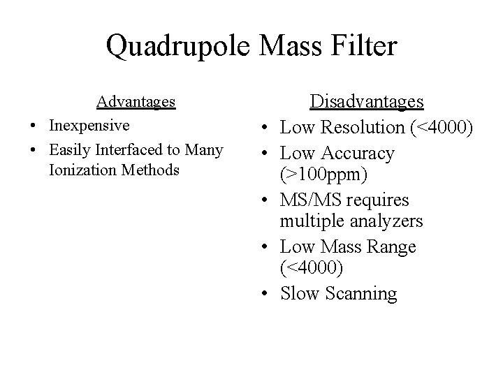 Quadrupole Mass Filter Advantages • Inexpensive • Easily Interfaced to Many Ionization Methods •
