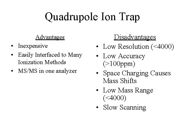 Quadrupole Ion Trap Advantages • Inexpensive • Easily Interfaced to Many Ionization Methods •