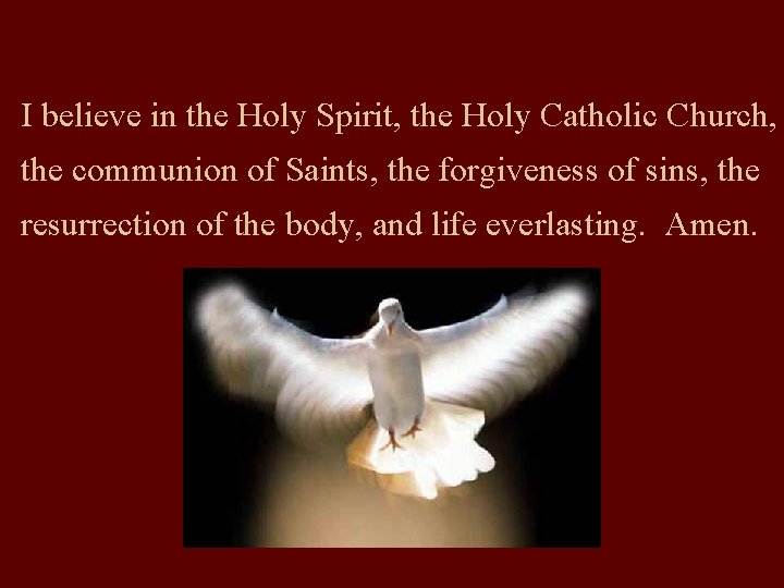 I believe in the Holy Spirit, the Holy Catholic Church, the communion of Saints,