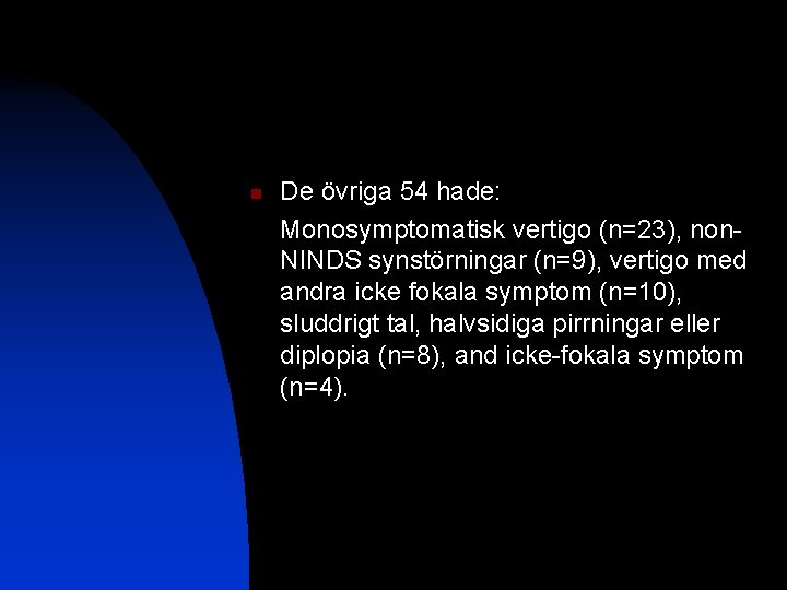 n De övriga 54 hade: Monosymptomatisk vertigo (n=23), non. NINDS synstörningar (n=9), vertigo med