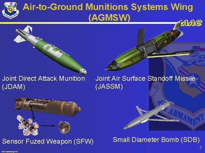 Air-to-Ground Munitions Systems Wing (AGMSW) Joint Direct Attack Munition (JDAM) Sensor Fuzed Weapon (SFW)