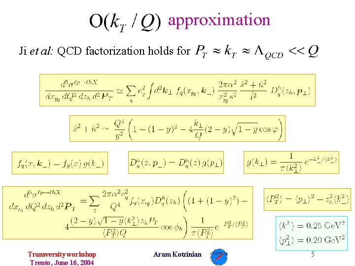 approximation Ji et al: QCD factorization holds for Transversity workshop Trento, June 16, 2004