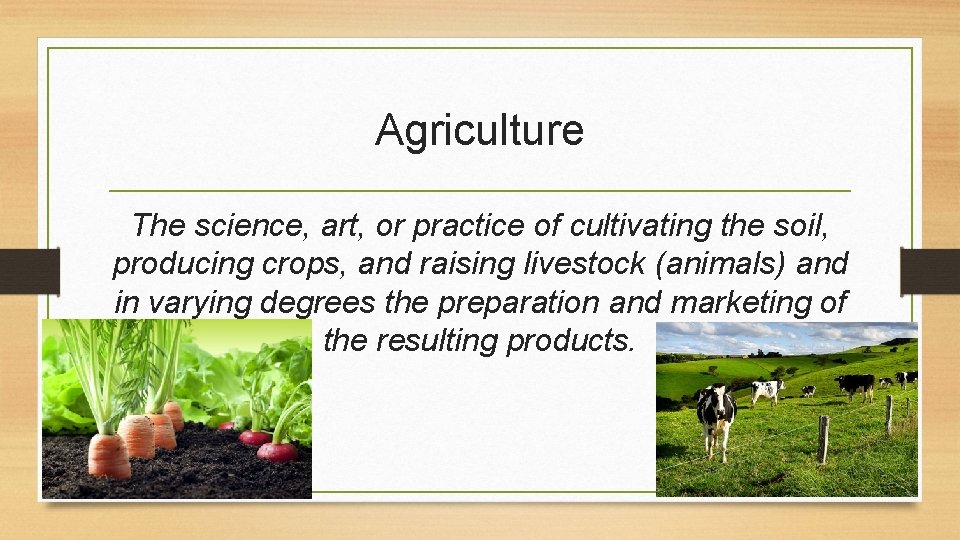 Agriculture The science, art, or practice of cultivating the soil, producing crops, and raising