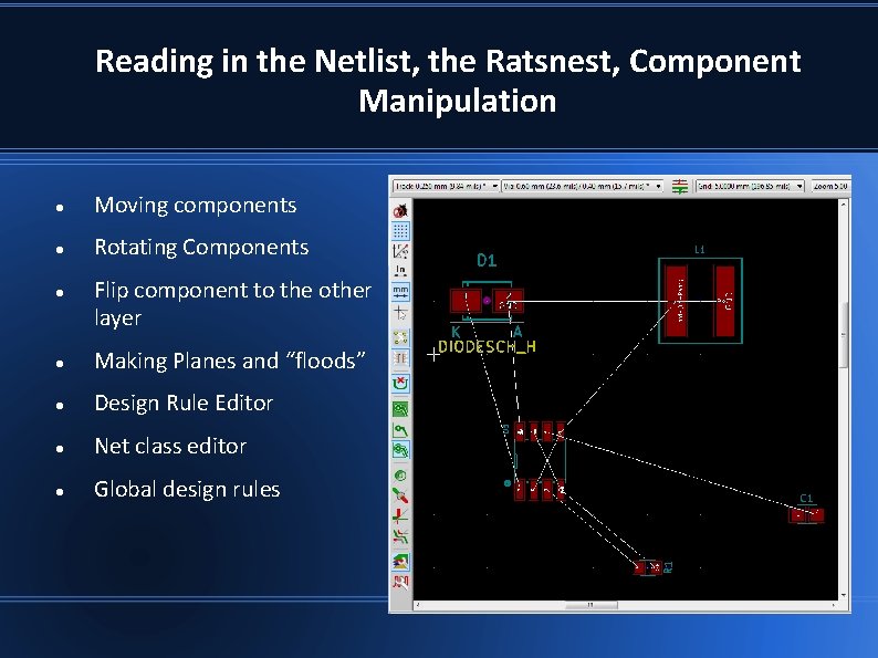 Reading in the Netlist, the Ratsnest, Component Manipulation Moving components Rotating Components Flip component Reading in the Netlist, the Ratsnest, Component Manipulation Moving components Rotating Components Flip component