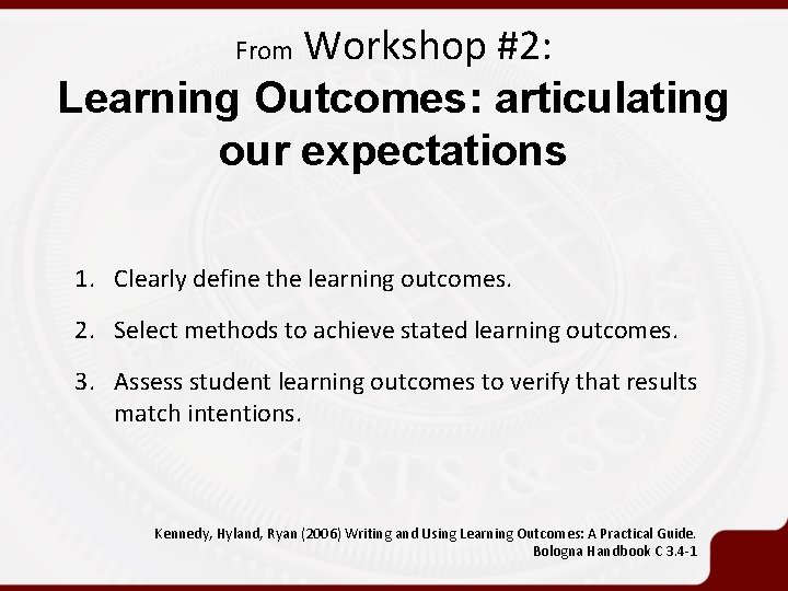 Workshop #2: Learning Outcomes: articulating our expectations From 1. Clearly define the learning outcomes.