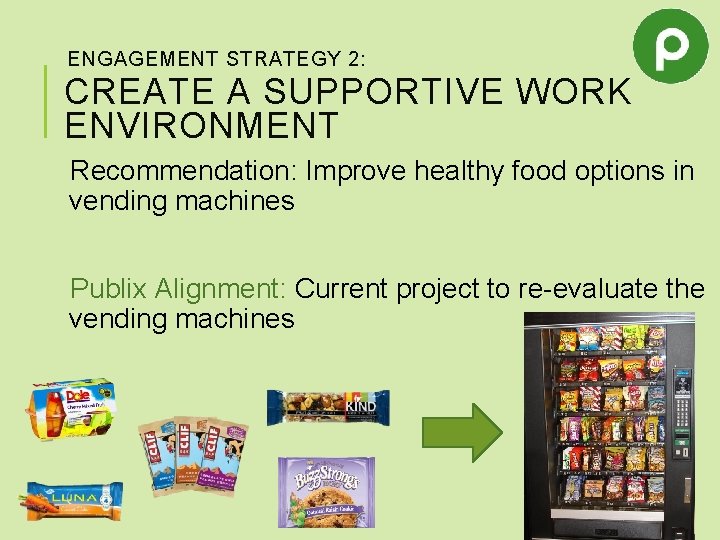 ENGAGEMENT STRATEGY 2: CREATE A SUPPORTIVE WORK ENVIRONMENT Recommendation: Improve healthy food options in