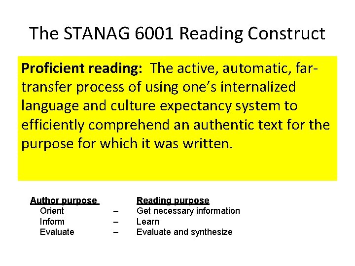 The STANAG 6001 Reading Construct Proficient reading: The active, automatic, fartransfer process of using