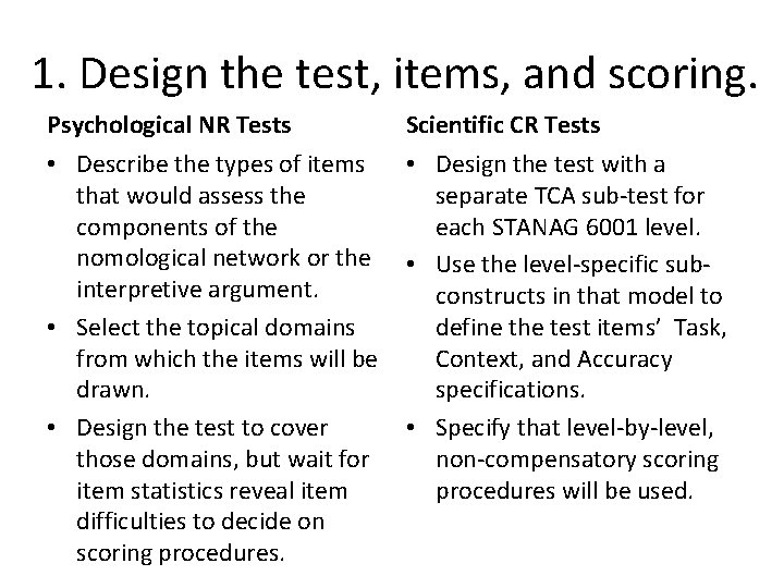 1. Design the test, items, and scoring. Psychological NR Tests Scientific CR Tests •