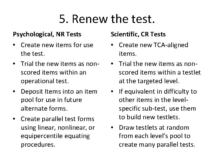 5. Renew the test. Psychological, NR Tests • Create new items for use the