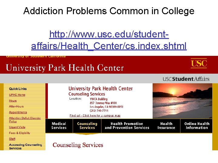 Addiction Problems Common in College http: //www. usc. edu/studentaffairs/Health_Center/cs. index. shtml 