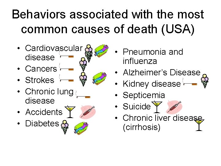 Behaviors associated with the most common causes of death (USA) • Cardiovascular disease •