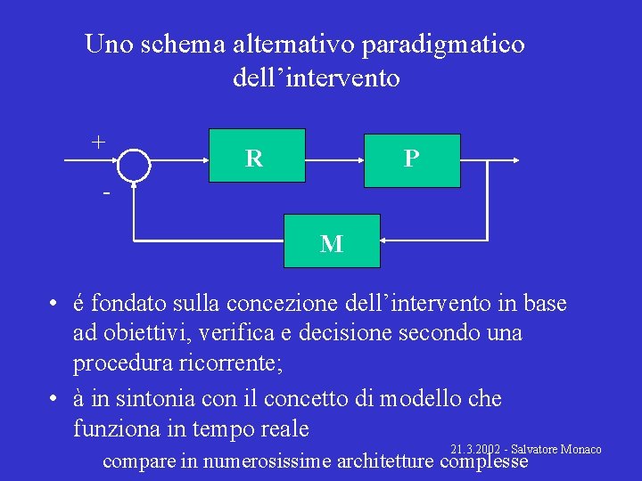 Uno schema alternativo paradigmatico dell’intervento + R P M • é fondato sulla concezione