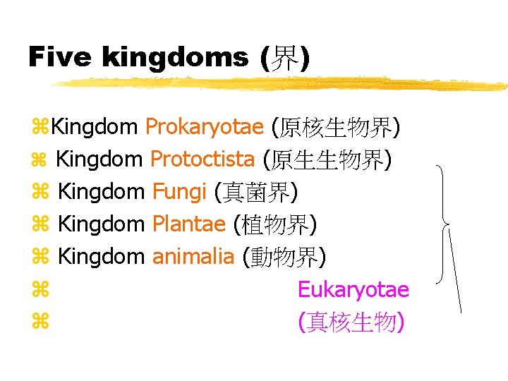 Five kingdoms (界) z. Kingdom Prokaryotae (原核生物界) z Kingdom Protoctista (原生生物界) z Kingdom Fungi