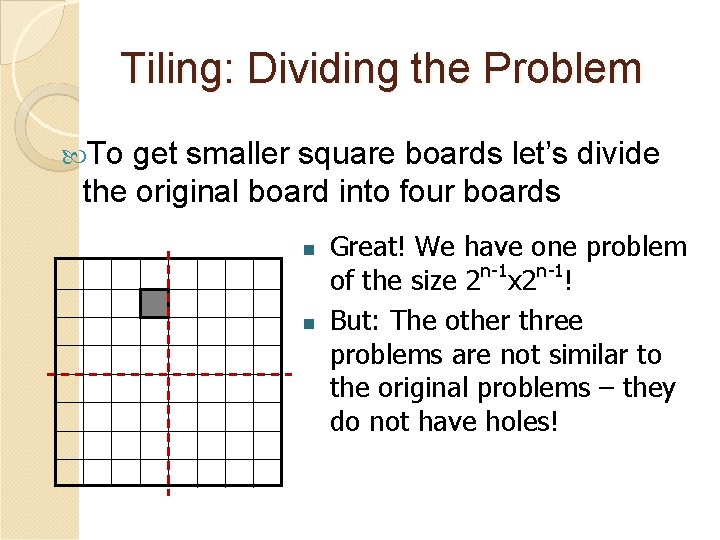 Tiling: Dividing the Problem To get smaller square boards let’s divide the original board