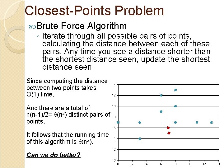 Closest-Points Problem Brute Force Algorithm ◦ Iterate through all possible pairs of points, calculating