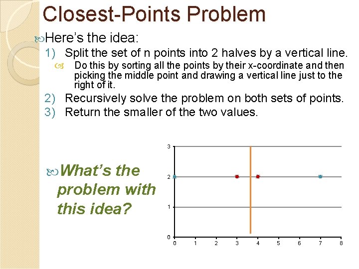 Closest-Points Problem Here’s the idea: 1) Split the set of n points into 2